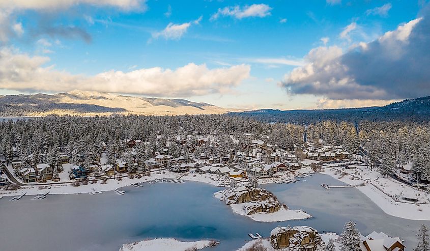 Aerial view of Big Bear Lake and town in California in winter