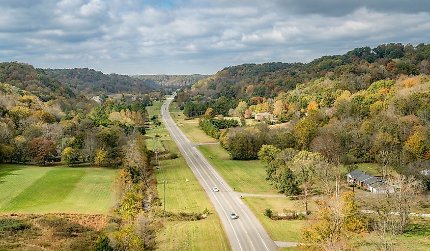 Tennessee highway 96 as seen from Double Arch Bridge at Natchez Trace Parkway near Franklin, TN, fall scenery