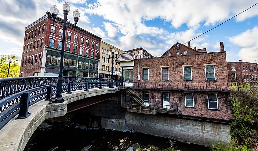 Bridge and buildings in downtown Brattleboro, Vermont.