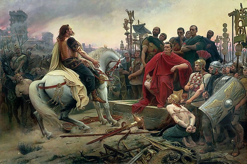 Painting of the Gallic chieftain Vercingetorix throwing his weapons at the feet of Julius Caesar