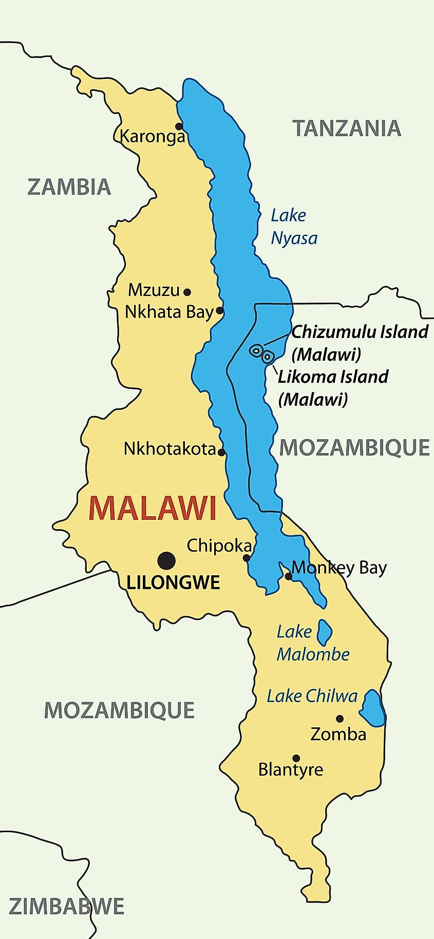 Map of Malawi showing the location of Lake Chilwa, Malawi