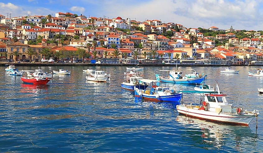 Wooden boats at anchor in the harbor of Koroni, Greece