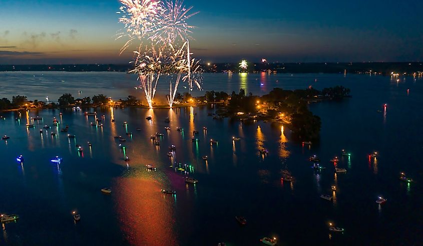 Aerial view of fireworks at Lake Madison, South Dakota at dusk