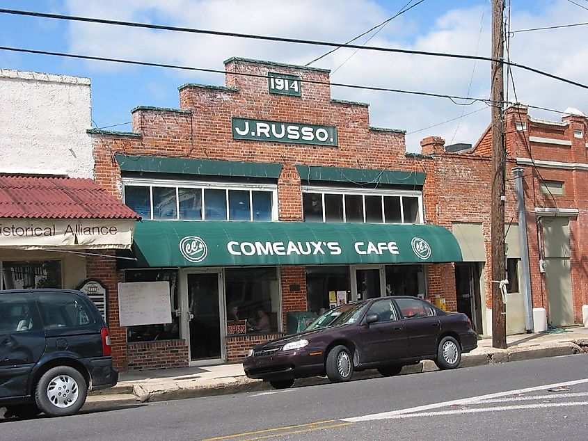 Comeaux's Cafe in Abbeville, Louisiana, a historic brick storefront in the Downtown Abbeville Historic District.