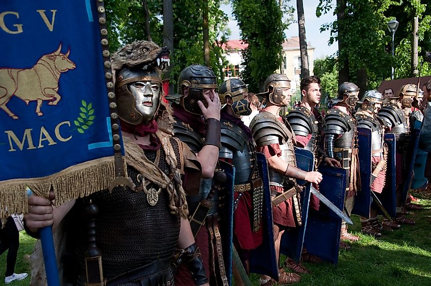 A line of reenactors dressing as period-accurate legionaries in Romania. 