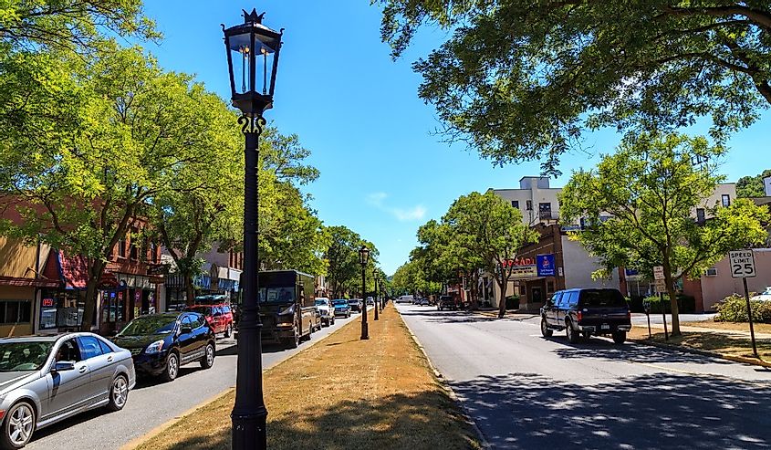 The downtown streets of Wellsboro still illuminated with authentic gas street lamps.