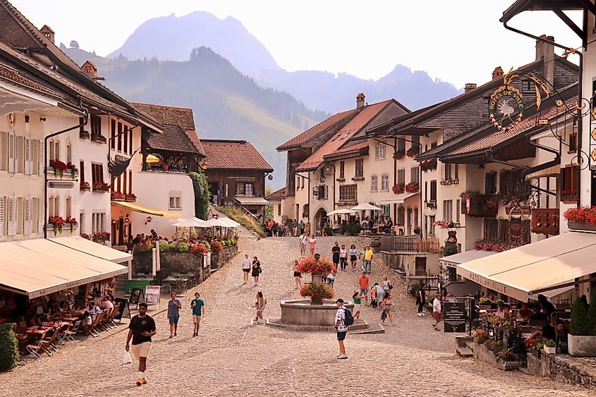 Downtown street in Gruyeres, Switzerland.
