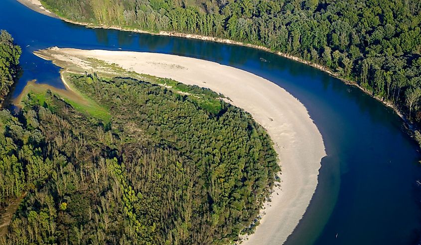 Aerial photo of gravel bars on the Drava River, Croatia