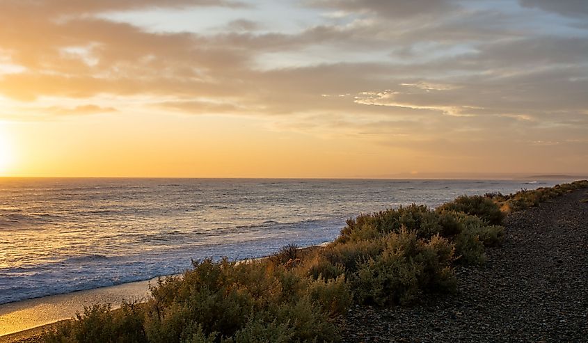 A view from the coast at sunrise in Caleta Olivia, Argentina.