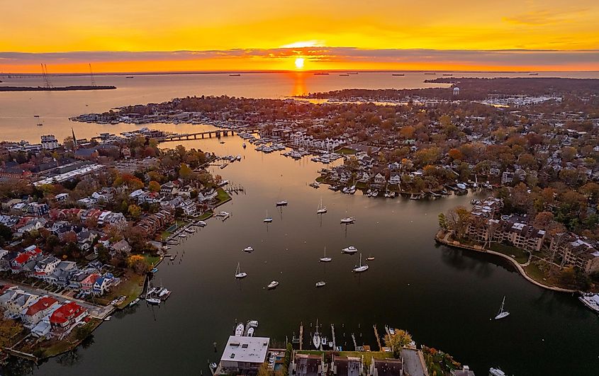 An aerial shot of Annapolis harbor and Chesapeake Bay at sunset.