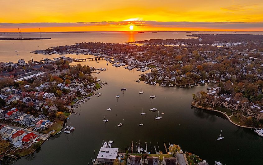 An aerial shot of Annapolis harbor and Chesapeake Bay at sunset.