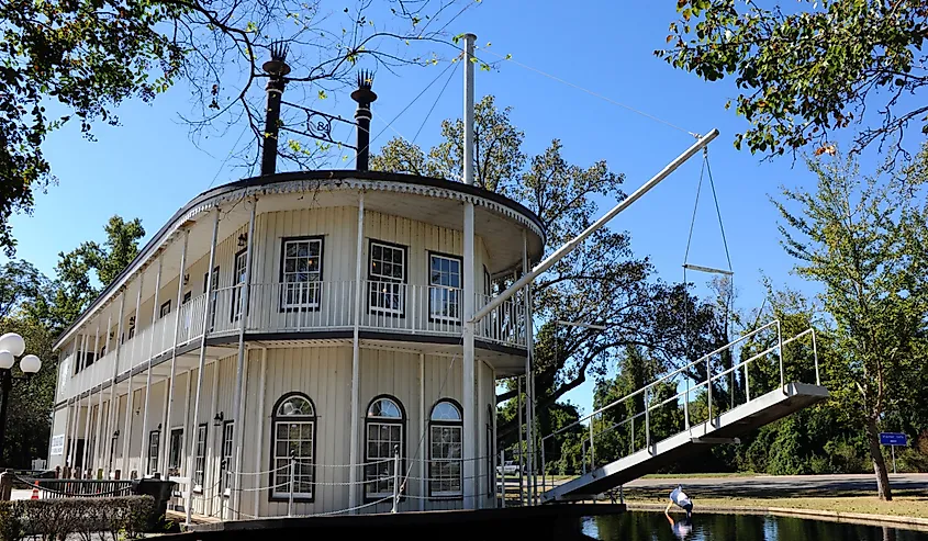 Double decker, paddle boat serves as a visitor's center for Greenville, Mississippi.