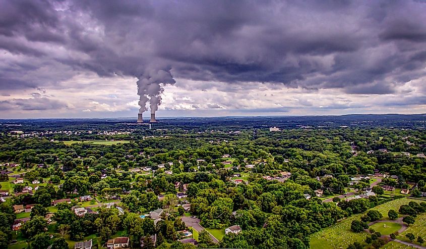 Aerial view of Limerick Generating Station from Pottstown, Pennsylvania