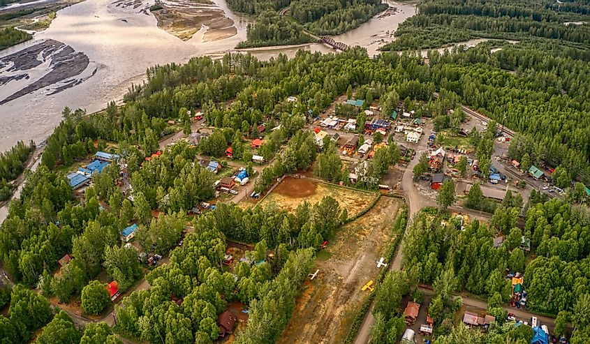 Aerial View of the remote Village of Talkeetna, Alaska during Summer