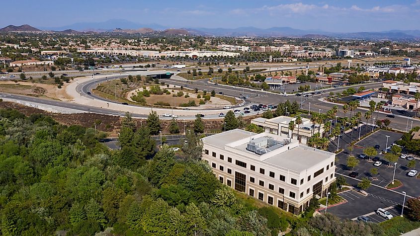 Daytime aerial view of the downtown business district of Murrieta, California