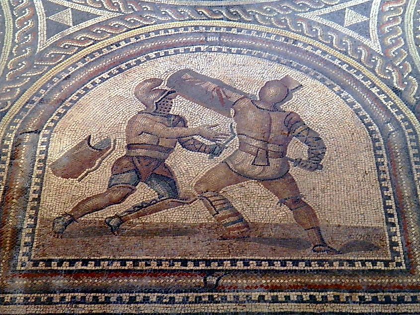 Detail of a Gladiatorial fight on a mosaic.