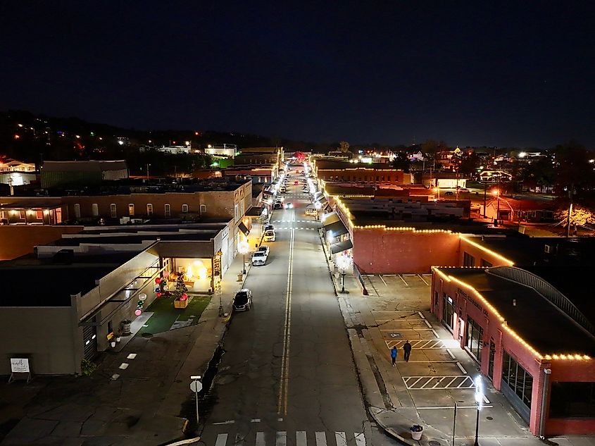 Aerial view of downtown Van Buren, Arkansas, decorated in Christmas lights
