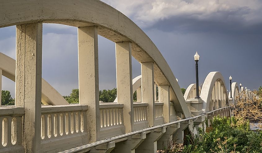 Rainbow arch bridge over South Platte River in Fort Morgan, Colorado.