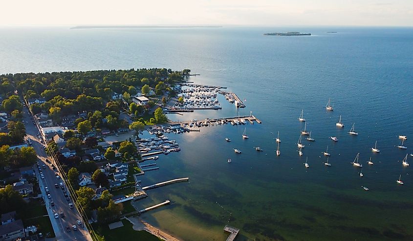Aerial view at sunset over Fish Creek, Wisconsin.