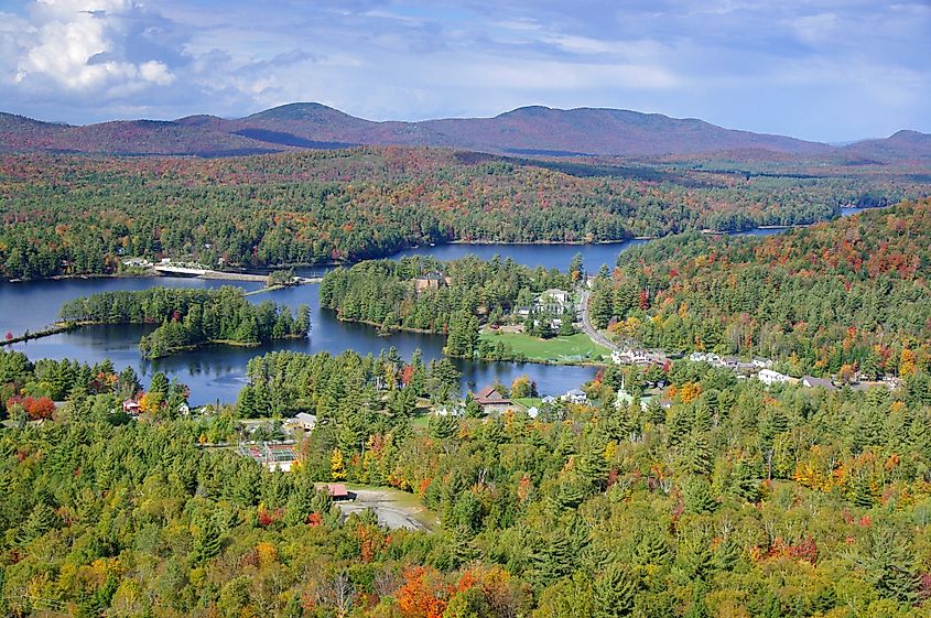 Aerial view of the stunning town of Long Lake in New York.