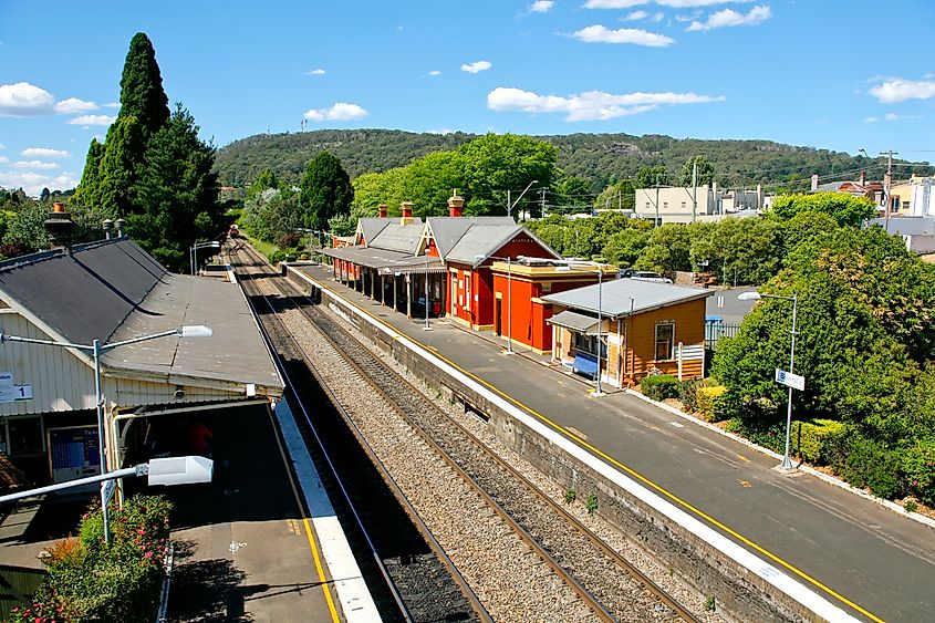 Elevated view of country railway station, Bowral, New South Wales, Australia.