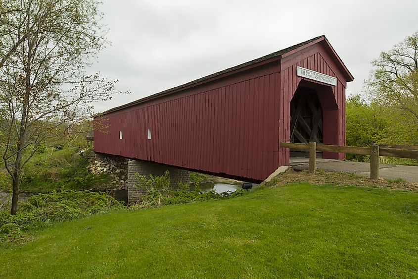 A covered bridge crossing the Zumbro River in Zumbrota, Minnesota.