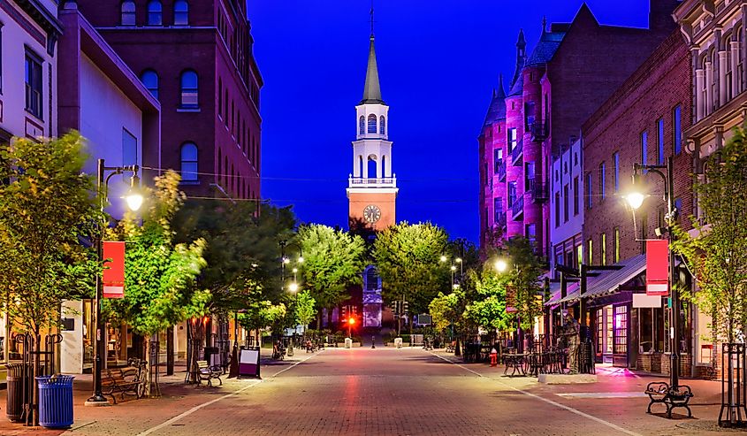 Burlington, Vermont, US cityscape at Church Street Marketplace.