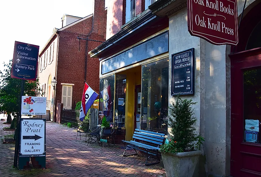 Storefronts in historic New Castle, Delaware