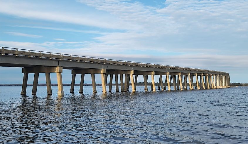 Downing Bridge spans the Rappahannock River and connects Tappahannock, Virginia to Warsaw, Virginia.