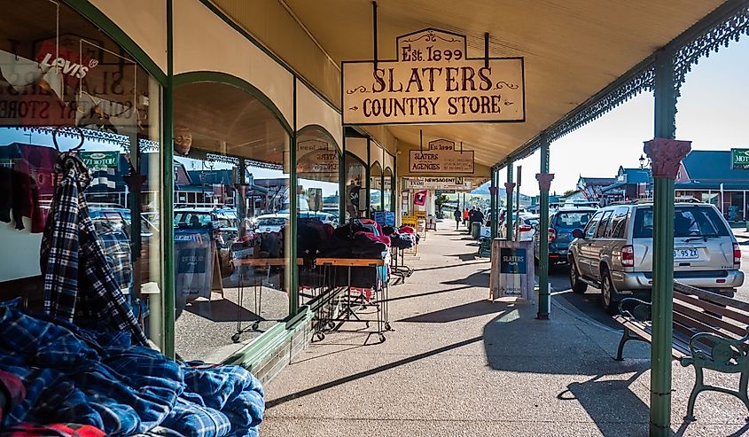 : Pedestrian sidewalk lined with local shops in the town of Sheffield