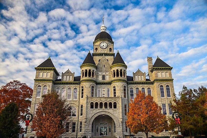  The Carthage Courthouse with fall foliage downtown in Carthage, Missouri. Editorial credit: Rachael Martin / Shutterstock.com