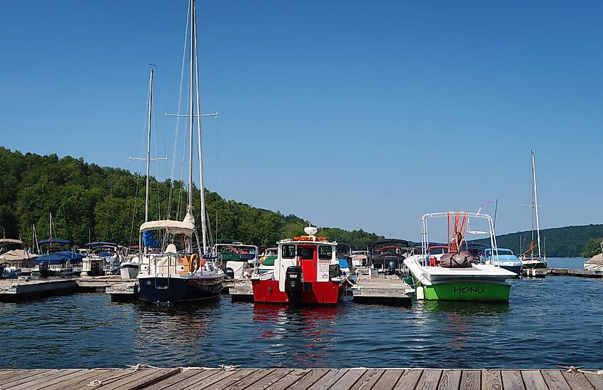 Colorful boats on Lake Wallenpaupack.