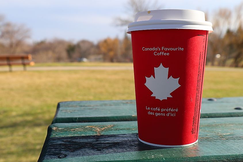 red cup of coffee Tim Hortons, 4 apr 2025, Wnnipeg Canada