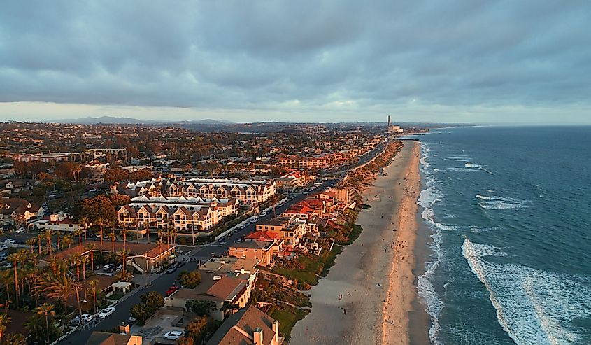 Birds eye view of Carlsbad village and miles of beach in north county San Diego California