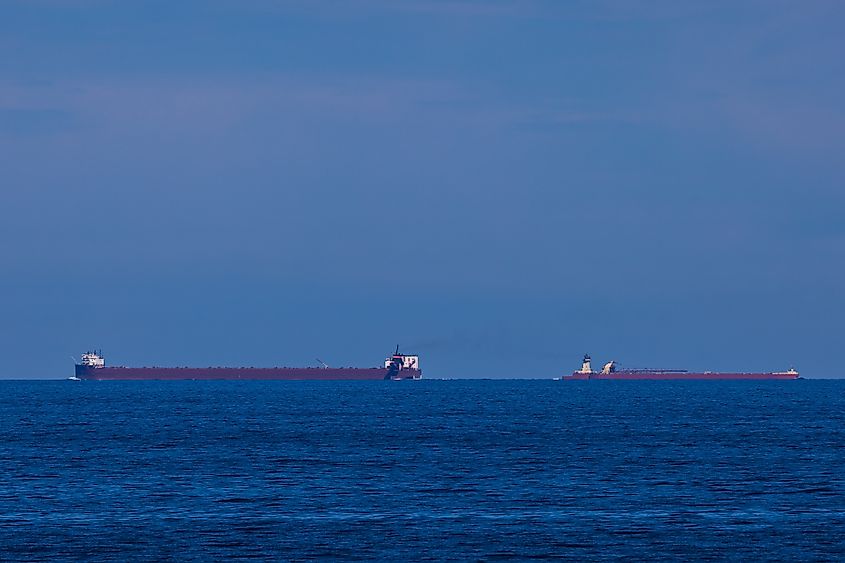 Two Ships Traveling Past Each Other On Lake Superior