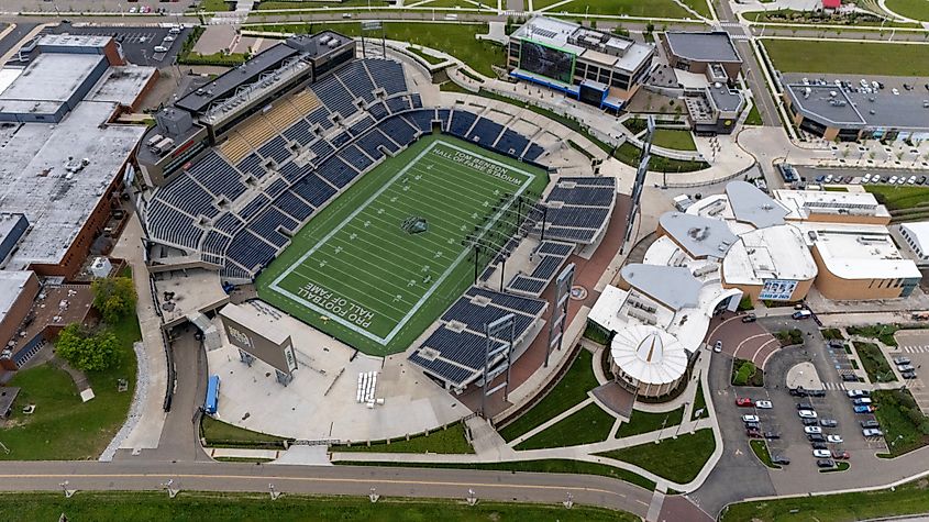 An aerial view of the Pro Football Hall of Fame and Tom Benson Hall of Fame Stadium in Canton, Ohio. Editorial credit: Grindstone Media Group / Shutterstock.com