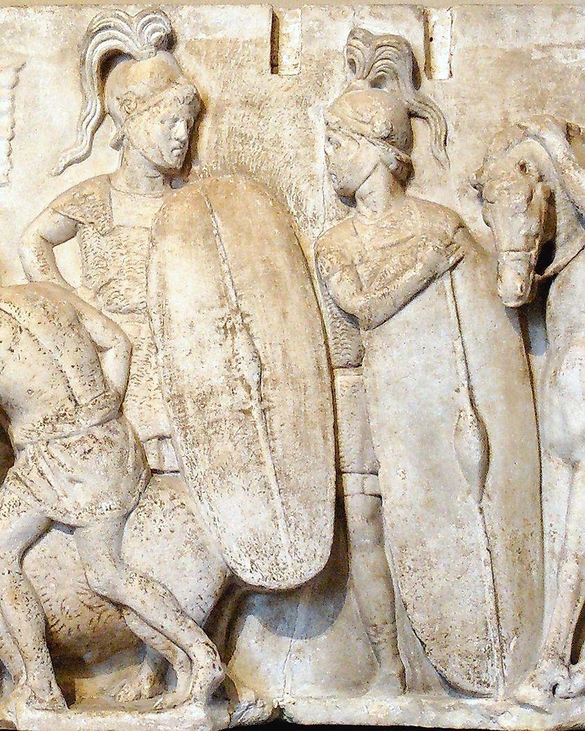 Detail from the Ahenobarbus relief showing two Roman foot-soldiers from the second century BC