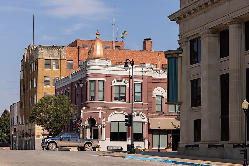 View of downtown buildings in Arkansas City, Kansas.