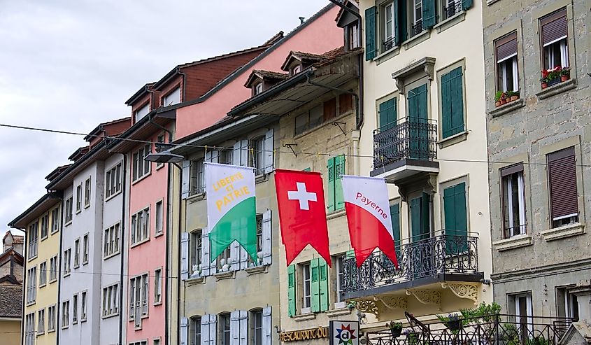 Cityscape of Swiss city of Payerne on a cloudy spring day.