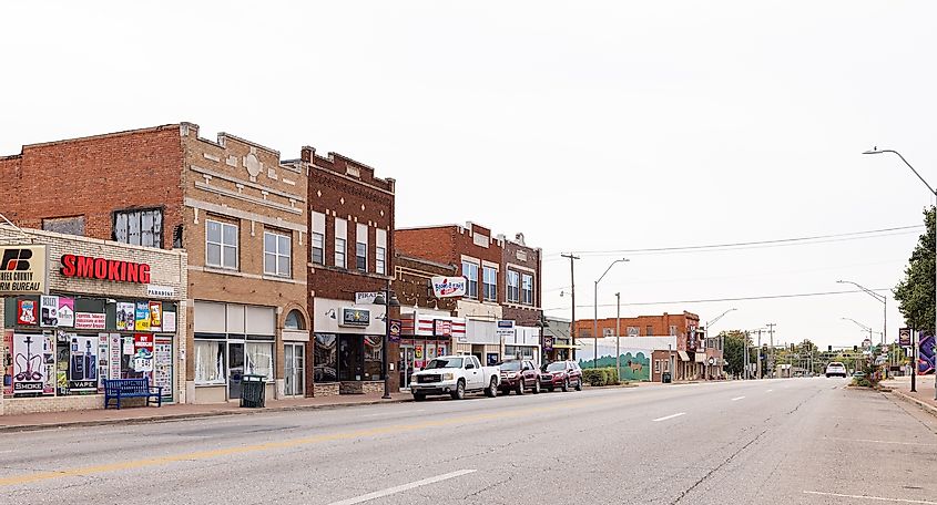 The old business district on Main Street in Bristow, Oklahoma.
