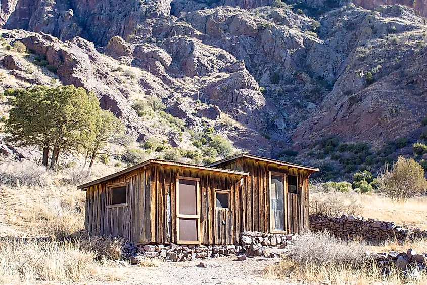 Abandoned stone and wood structures, as seen from hiking trails in Guadalupe National Park, Texas.