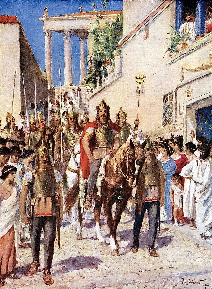 Artistic depiction of the Gothic military leader, Alaric, parading through Athens