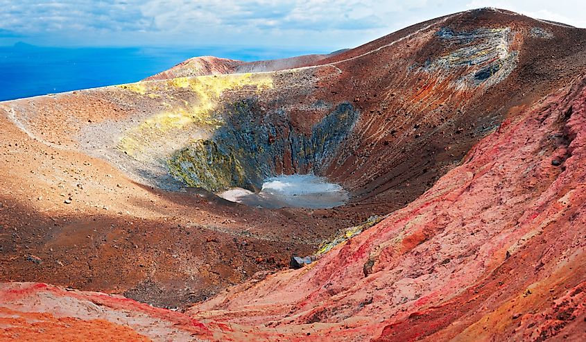 Amazing crater of volcano in Vulcano Island, vivid and colorful, Sicily, Italy.