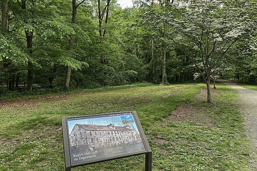 Lincoln, Rhode Island, Blackstone River Valley National Historic Park marker for Kelly's Mill foundation. Cotton mill was part of the American Industrial Revolution.