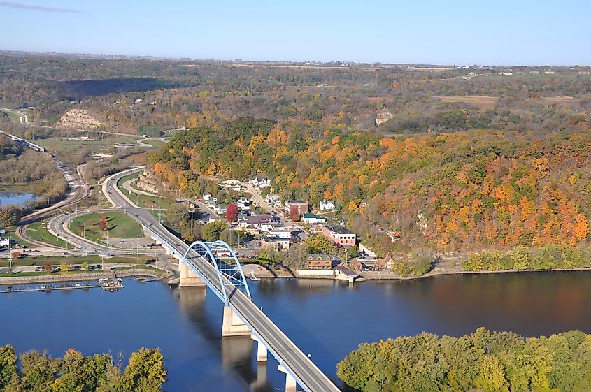 Aerial view of the Marquette-Joliet Bridge over the Mississippi River and town of Marquette in Iowa.