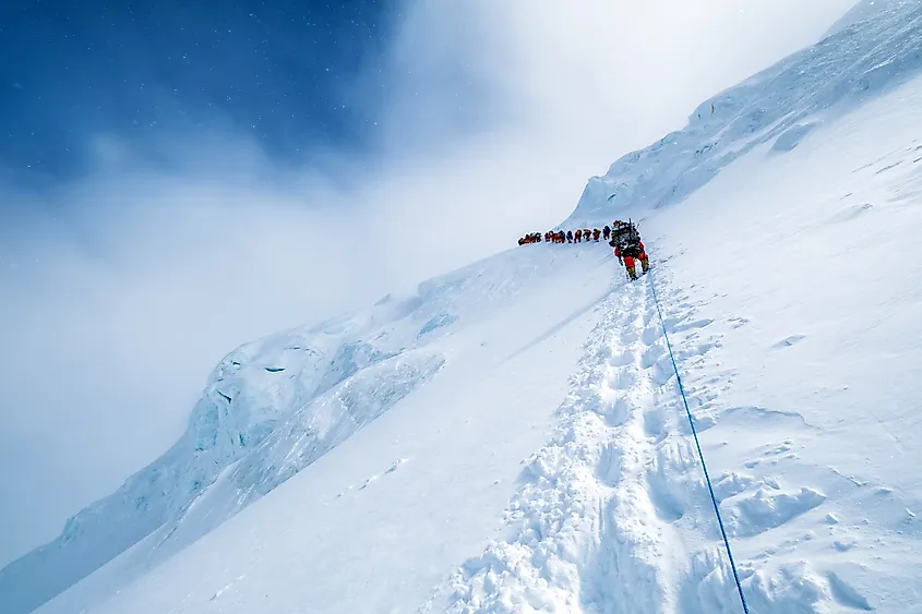 Group of climbers ascending the Mount Manaslu summit.