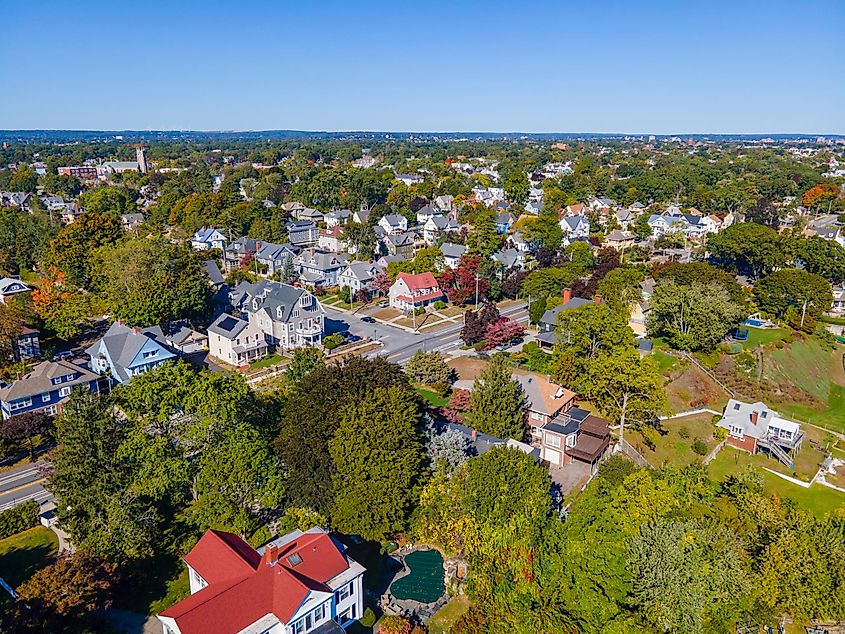  Aerial view of the historic residential area of Edgewood in Cranston, Rhode Island.