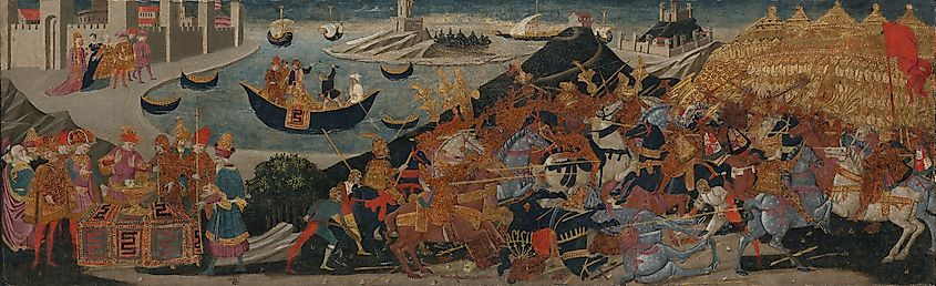The Battle of Pharsalus and the Death of Pompey (Marco del Buono, Public domain, via Wikimedia Commons).