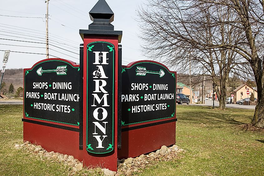 The sun shines over the Historic Harmony Sign in Pennsylvania. 