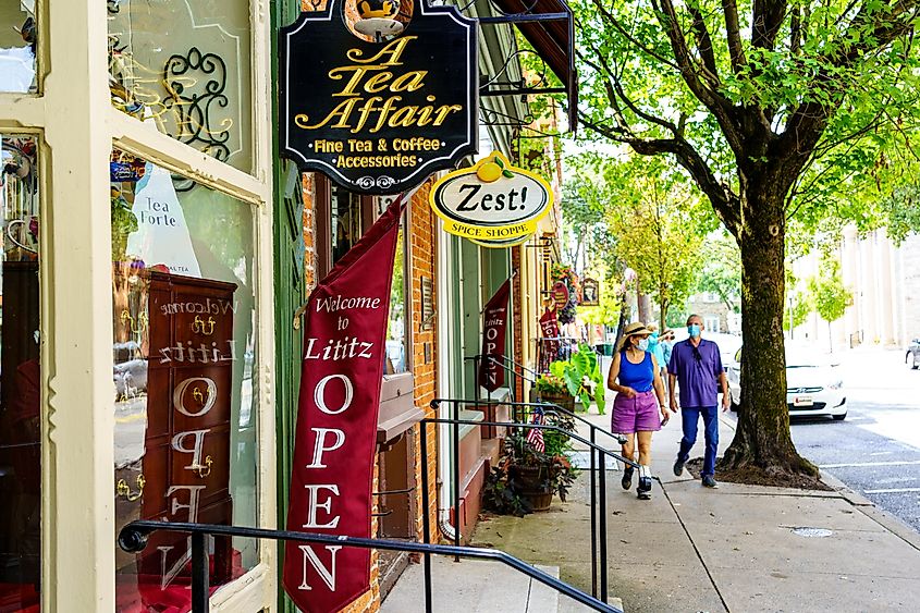 Lititz features small shops and restaurants in its downtown area. Editorial credit: George Sheldon / Shutterstock.com